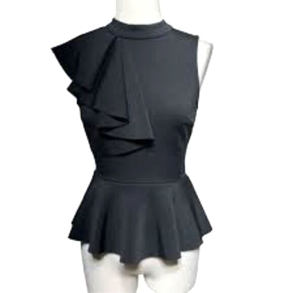 So London Sexy Black Blouse Asymmetrical Ruffle Cap Sleeve Peplum Women's Size 4 - Picture 1 of 8